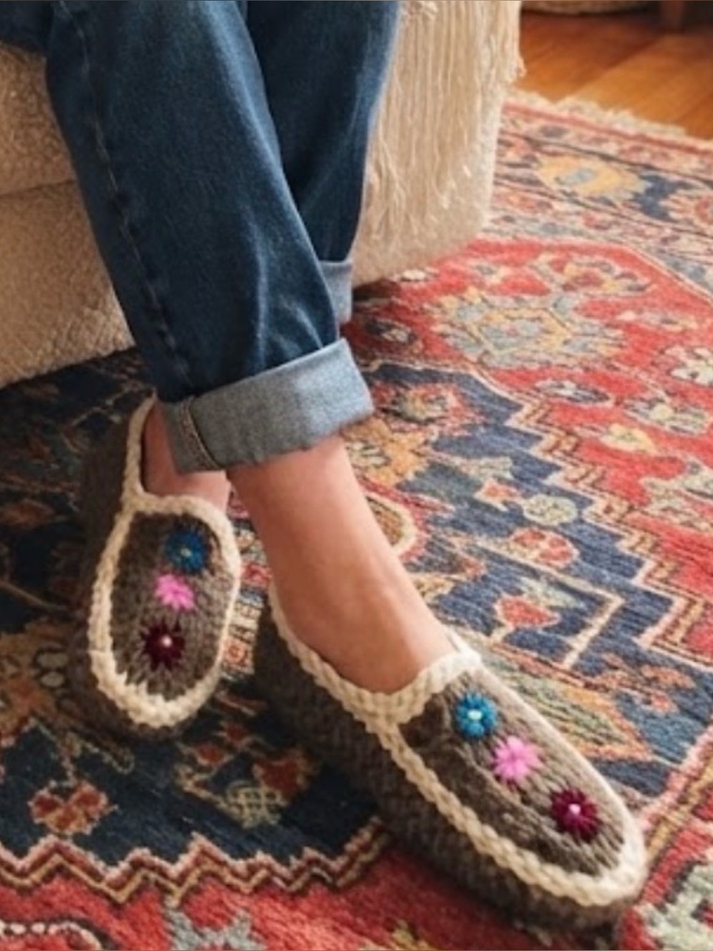 Handmade Embroidered Wool Slippers Brown Cream Floral Boho Cottagecore Cozy